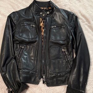 Dolce & Gabbana Black Leather Jacket with Leopard print silk lining. Size 38